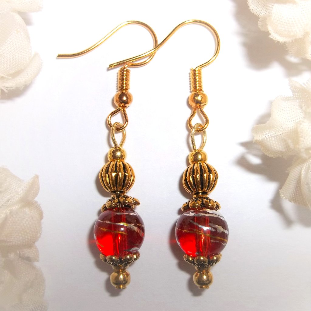 Red And Gold Small Beaded Earrings Fashion Jewelry Gift Idea For Her Set 6916
